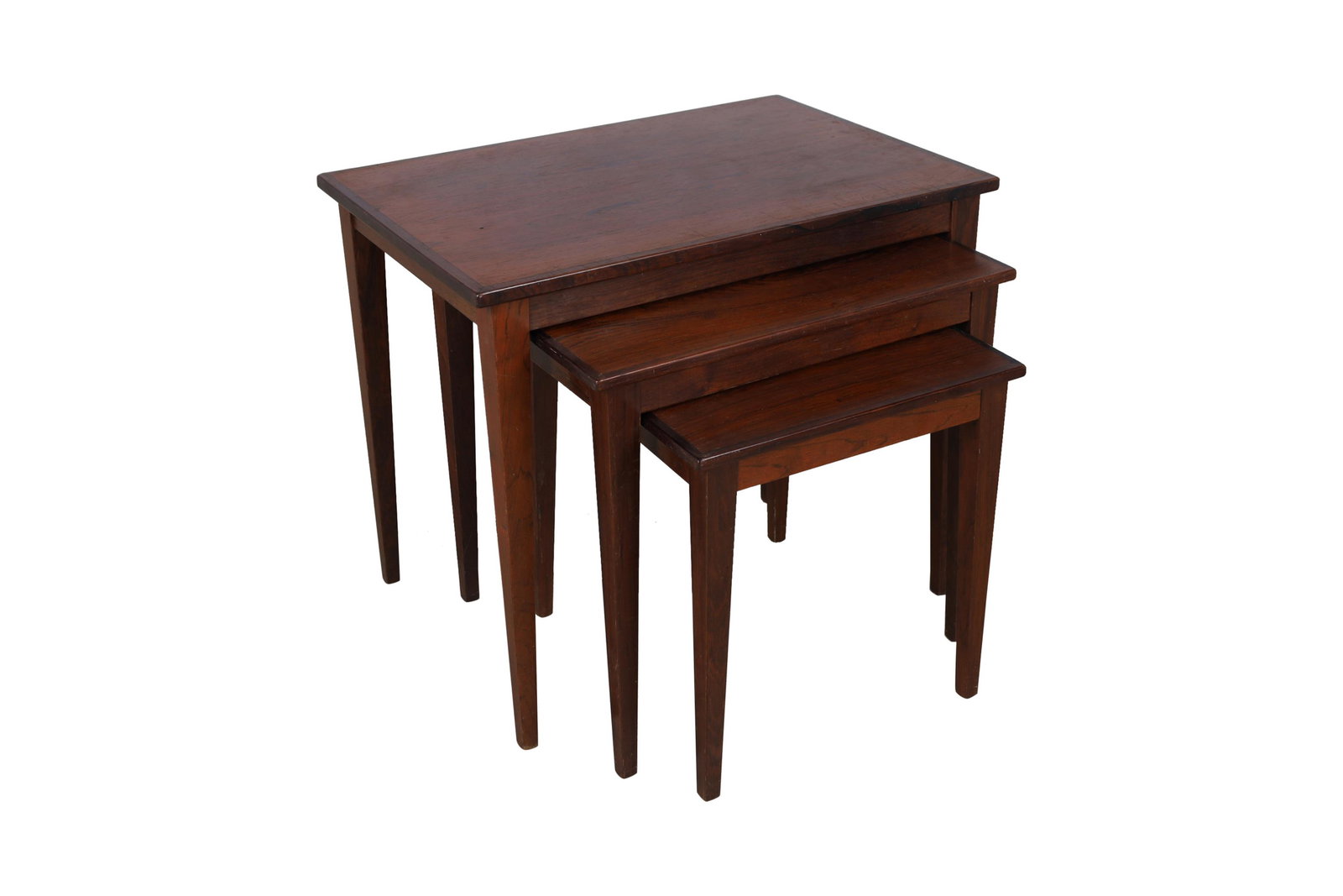 Kvalitet Form Funkiton - Nest of Tables: Kvalitet Form Funkiton Danish Nest of 3 banded rosewood tables. Dimensions - 20" x 23" x 16"