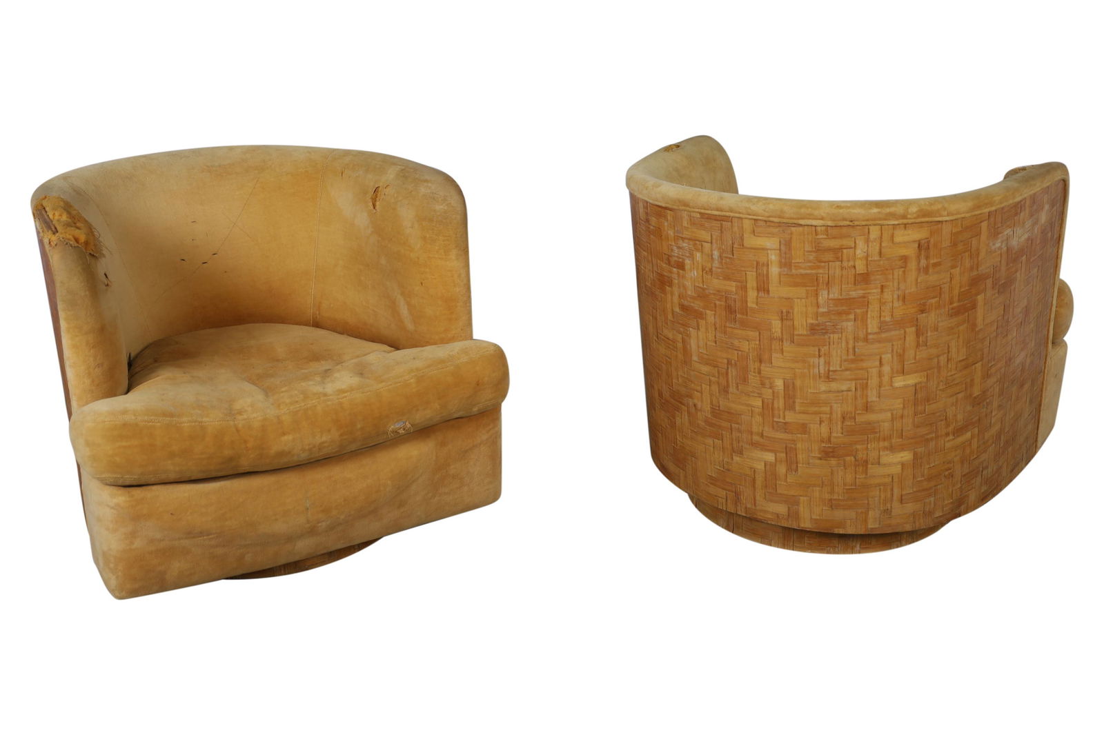 Milo Baughman - Swivel and Tilt Lounge Chairs: Pair of signed Milo Baughman swivel and tilt lounge chairs with rattan herringbone back. Dimensions - 26.5" x 29" x 26"