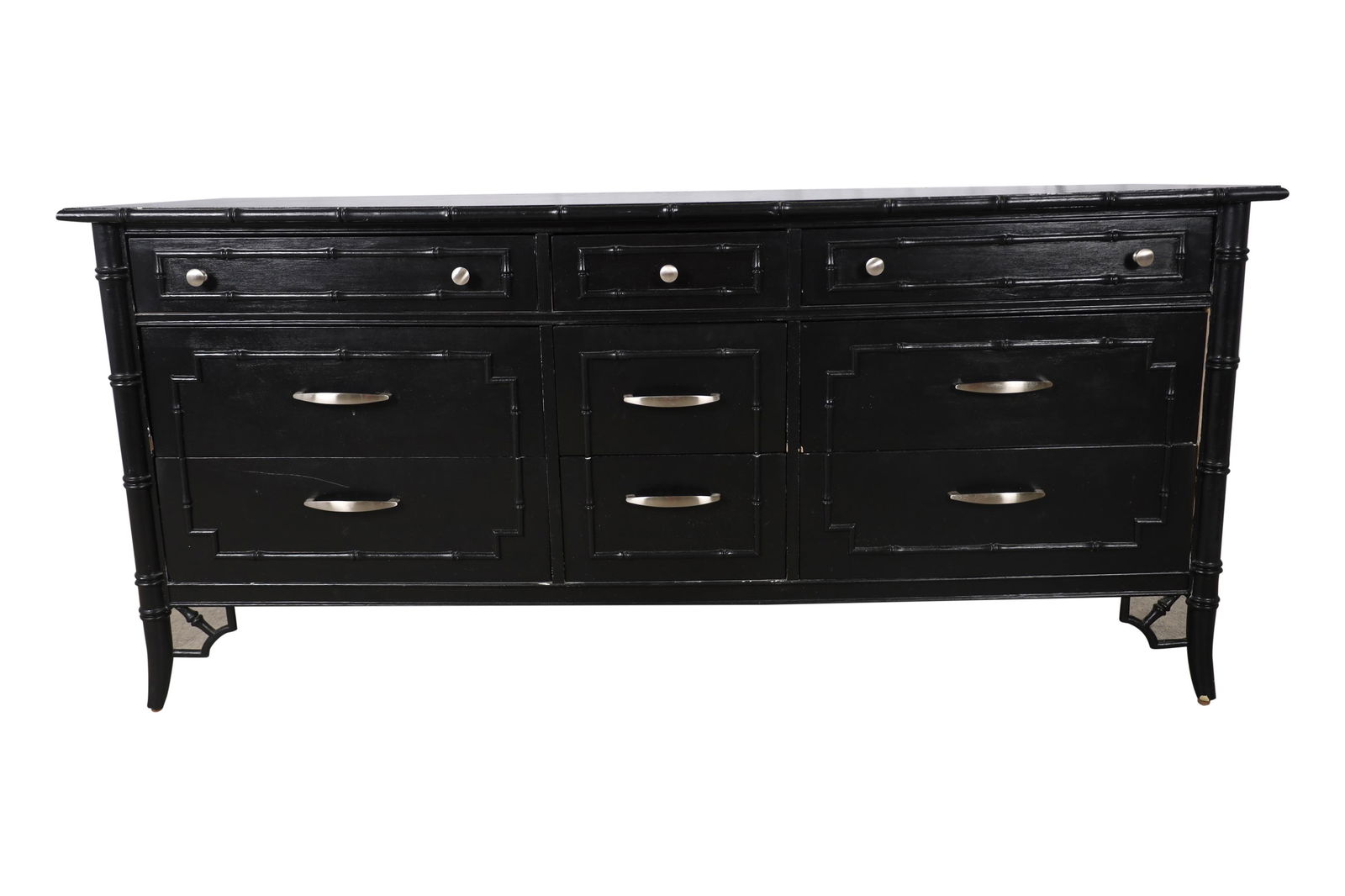 Thomasville - Faux Bamboo Long Dresser: Pair of Thomasville faux bamboo painted long dresser. Dimensions - 30" x 65" x 19"