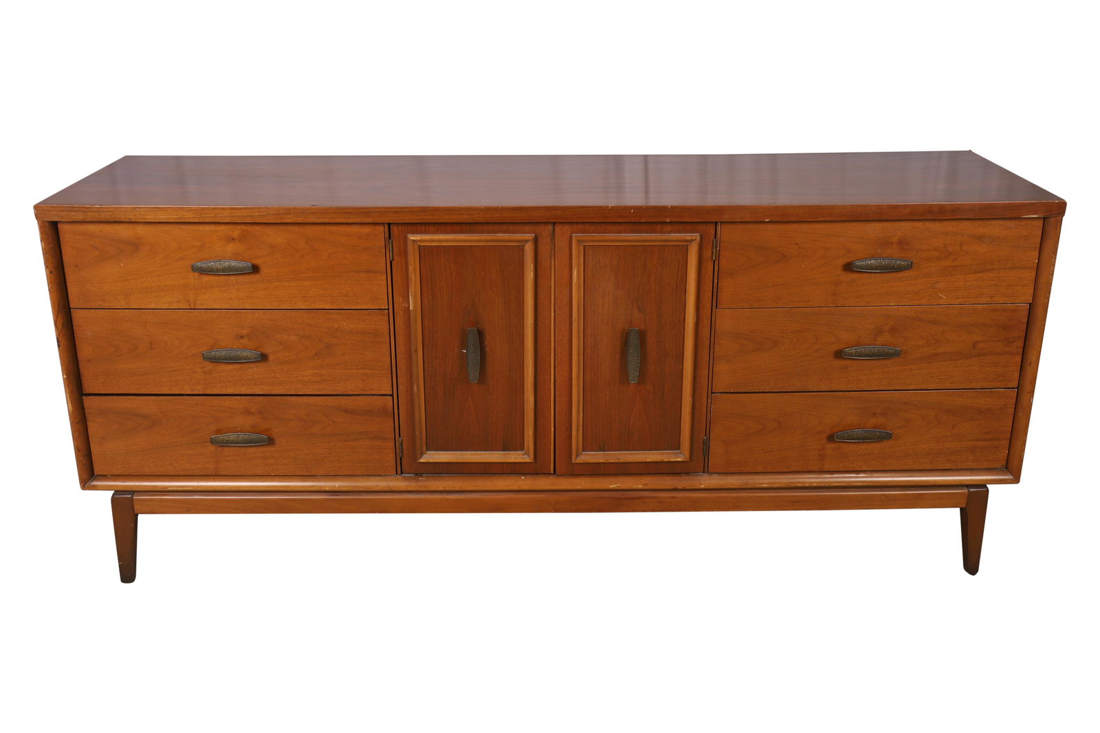 Walnut Credenza: Walnut credenza with brutalist pulls. Dimensions - 31" x 72" x 18"