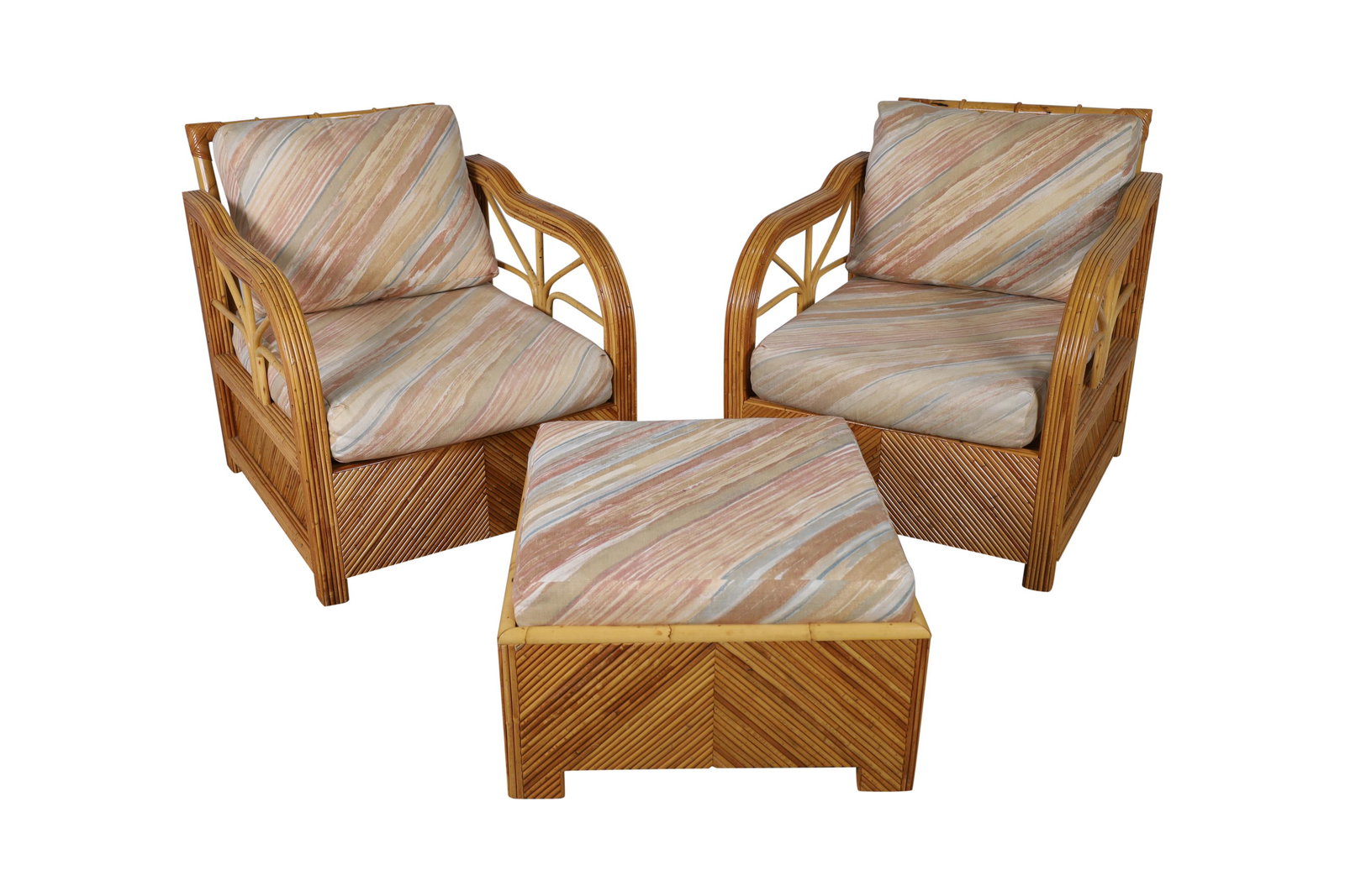 Crespi Style Pencil Reed Chairs and Ottoman: Crespi style Pencil reed lounge chairs and ottoman. Dimensions-32" x 29" x 31"