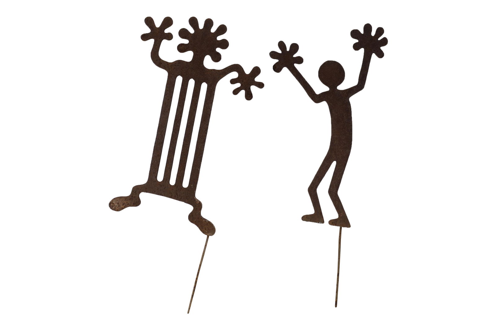 Iron Lawn Ornaments - After Keith Haring: 2 iron lawn ornaments after Keith Haring signed TJ 95. Dimensions - 34' x 16"