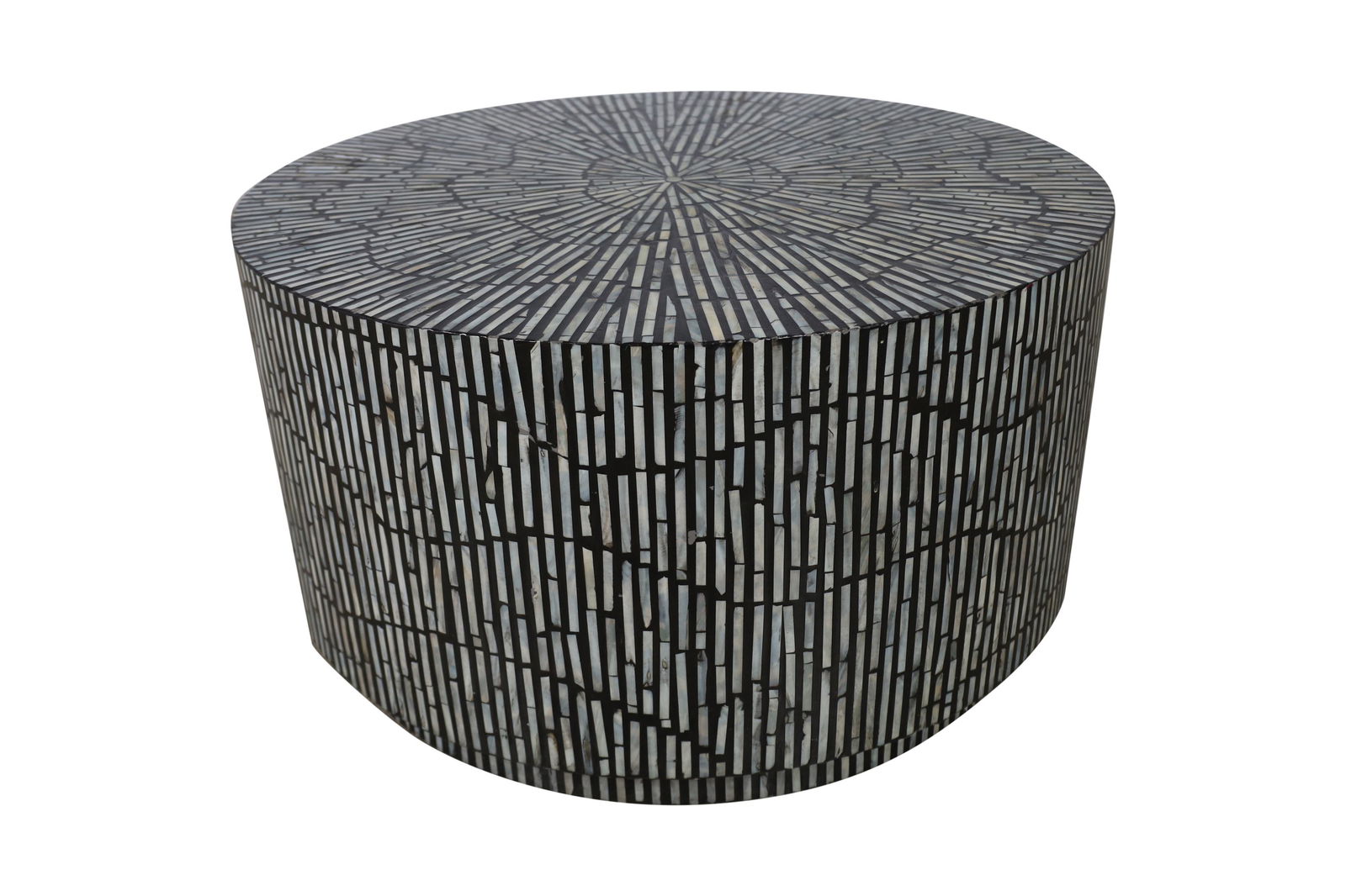 Mother of Pearl Mosaic Drum Coffee Table: Mother of Pearl mosaic drum coffee table. Dimensions - 16.5" x 30"