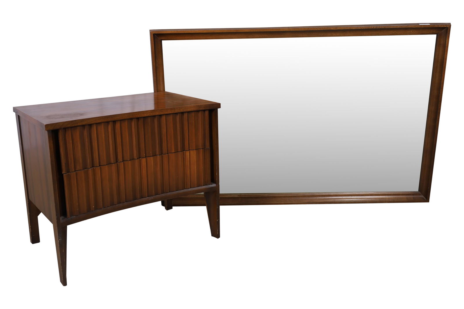 Concave Walnut Nightstand and Mirror (1 of 4)