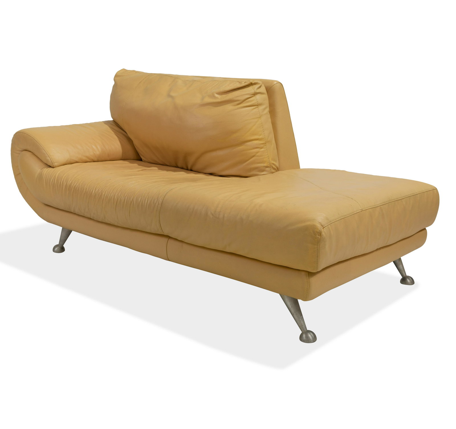 Nicoletti Leather Chaise Lounge: Leather Italian Nicoletti chaise lounge with aluminum feet. Dimensions - 26" x 67" x 35"