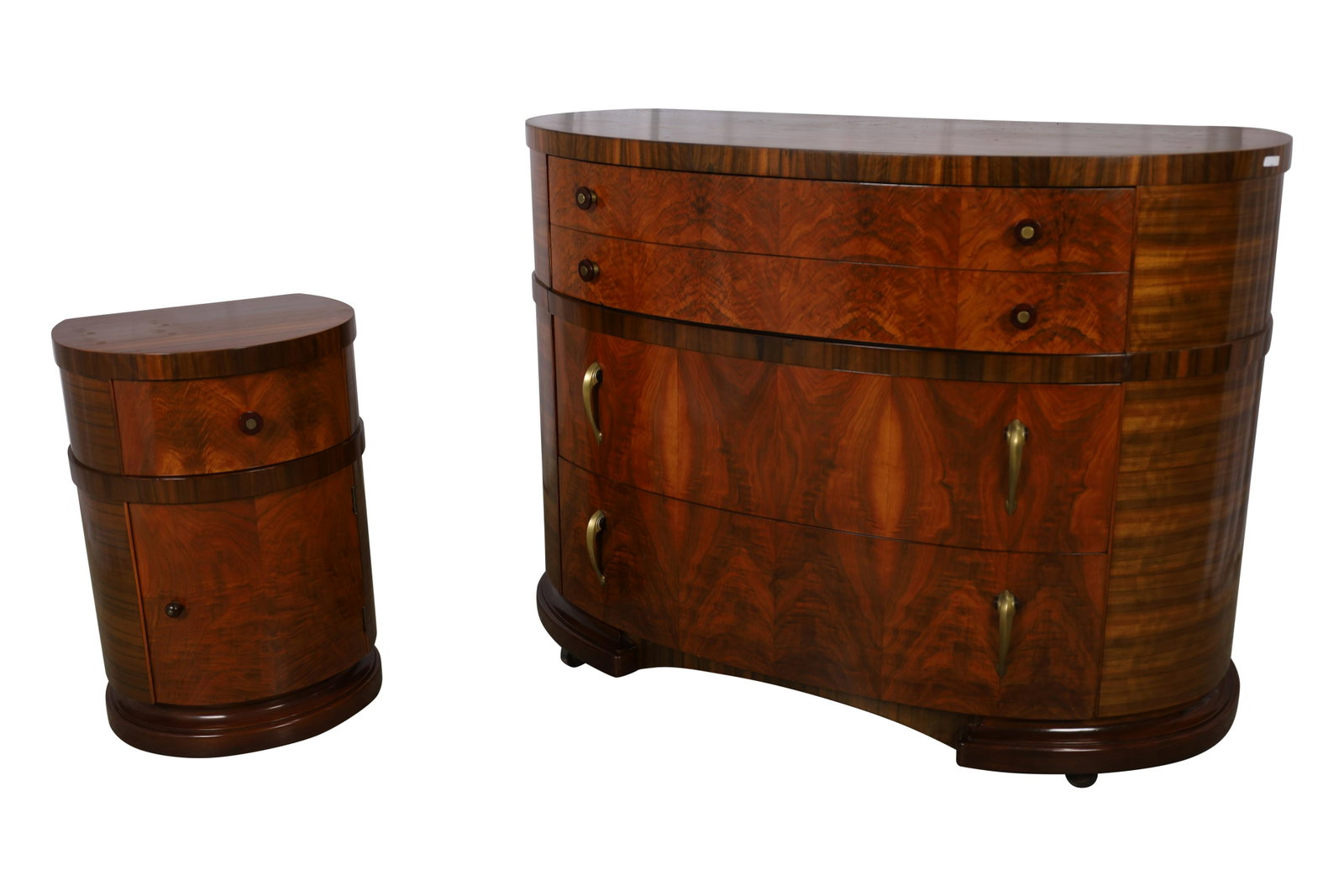 Art Deco Demilune Dresser and End Stand: Art Deco demilune dresser and end stand. Dimensions - 38" x 49" x 23.5"
