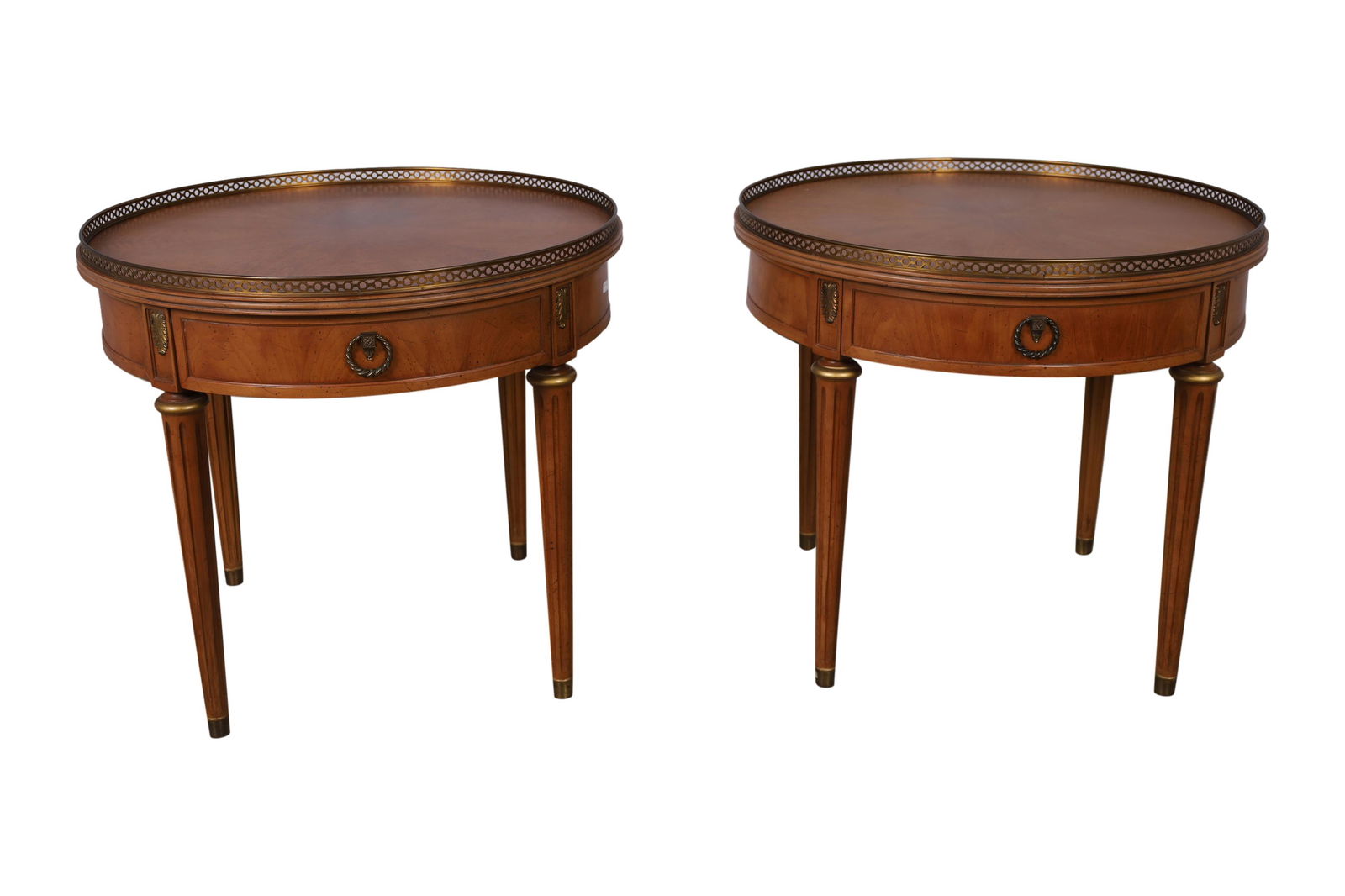 Henredon - French Style Drum Tables - Pair: Pair of Henredon French style drum table with brass galleries. Dimensions - 24" x 26.5"