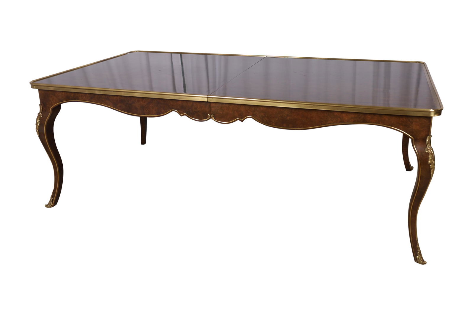 Mastercraft - French Style Dining Table: Mastercraft burl and brass French style dining table with 1 leaf. Dimensions - 30" x 83" x 45" leaf-37"