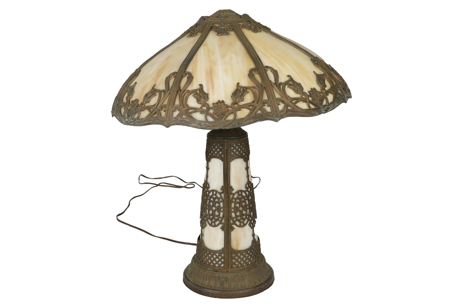 Metal Overlay Slag Glass Lamp: Metal overlay slag glass lamp. Dimensions - 22" x 19"