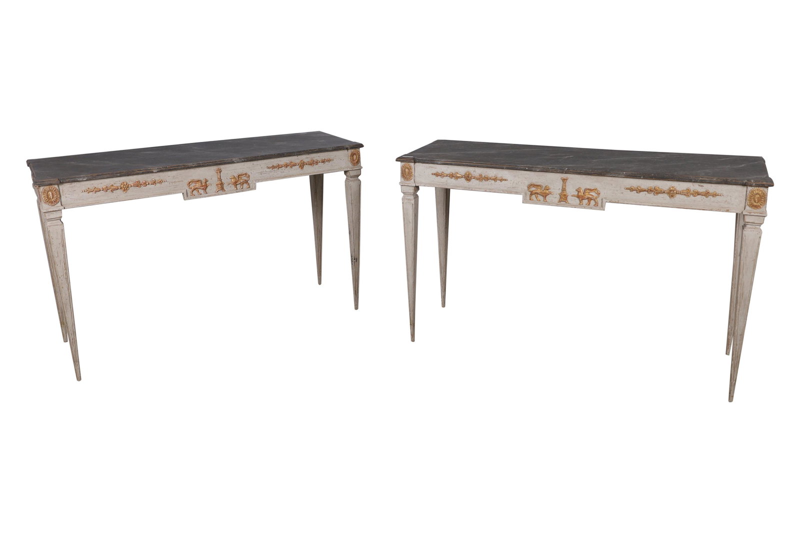 Swedish Antique Painted Console Tables - Pair: Pair of Swedish antique painted console tables. Dimensions - 32" x 52" x 18.5"