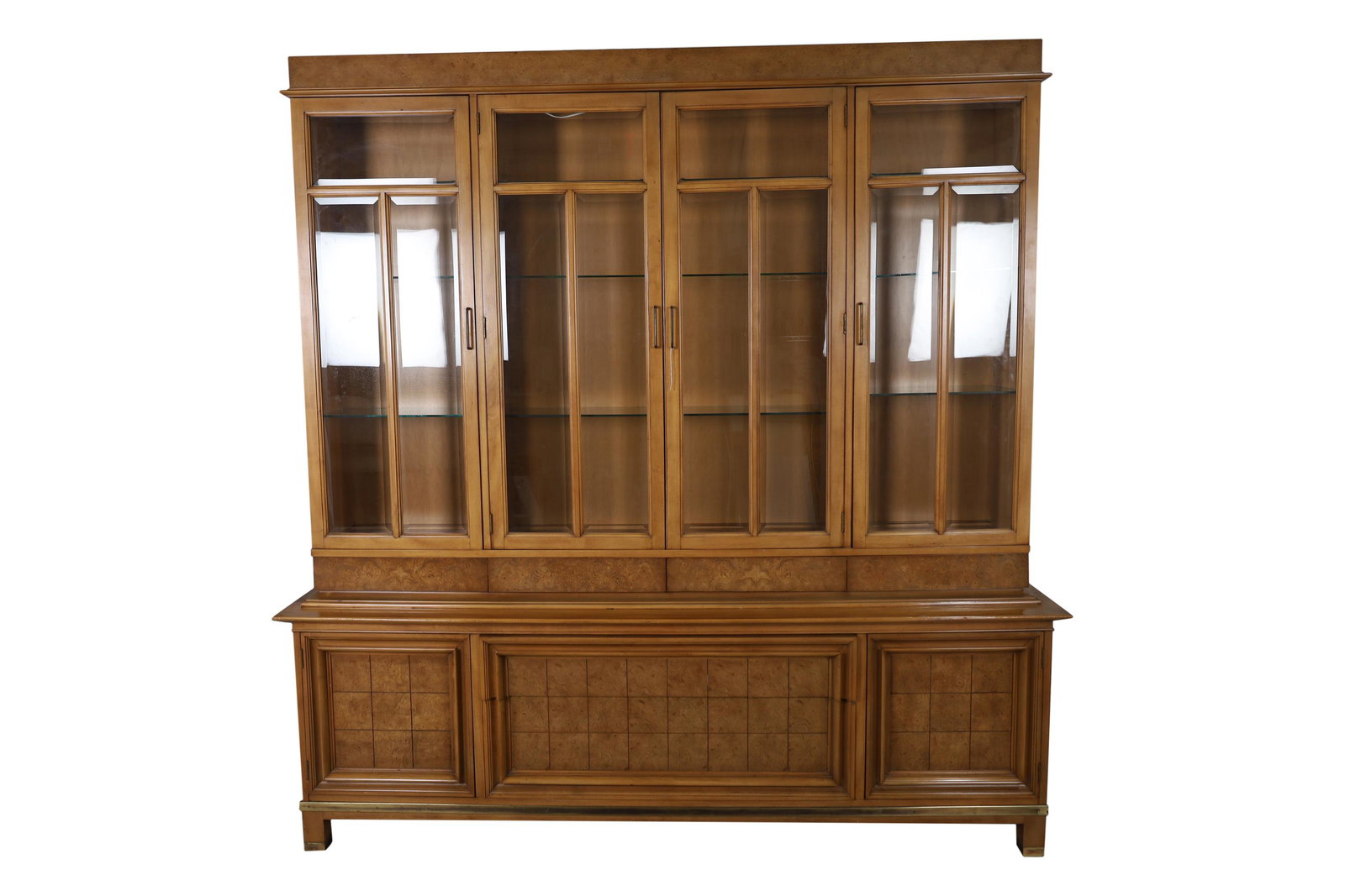 JJ Metz - Burl Fruitwood Breakfront: JJ Metz burl fruitwood and beveled glass 2 part breakfront. Dimensions - 82" x 80" x 17"