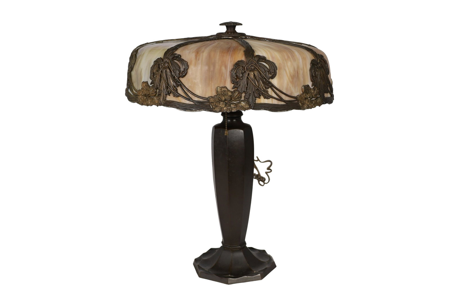 Metal Overlay Slag Glass Lamp: Metal overlay slag glass lamp. Dimensions - 23" x 17"