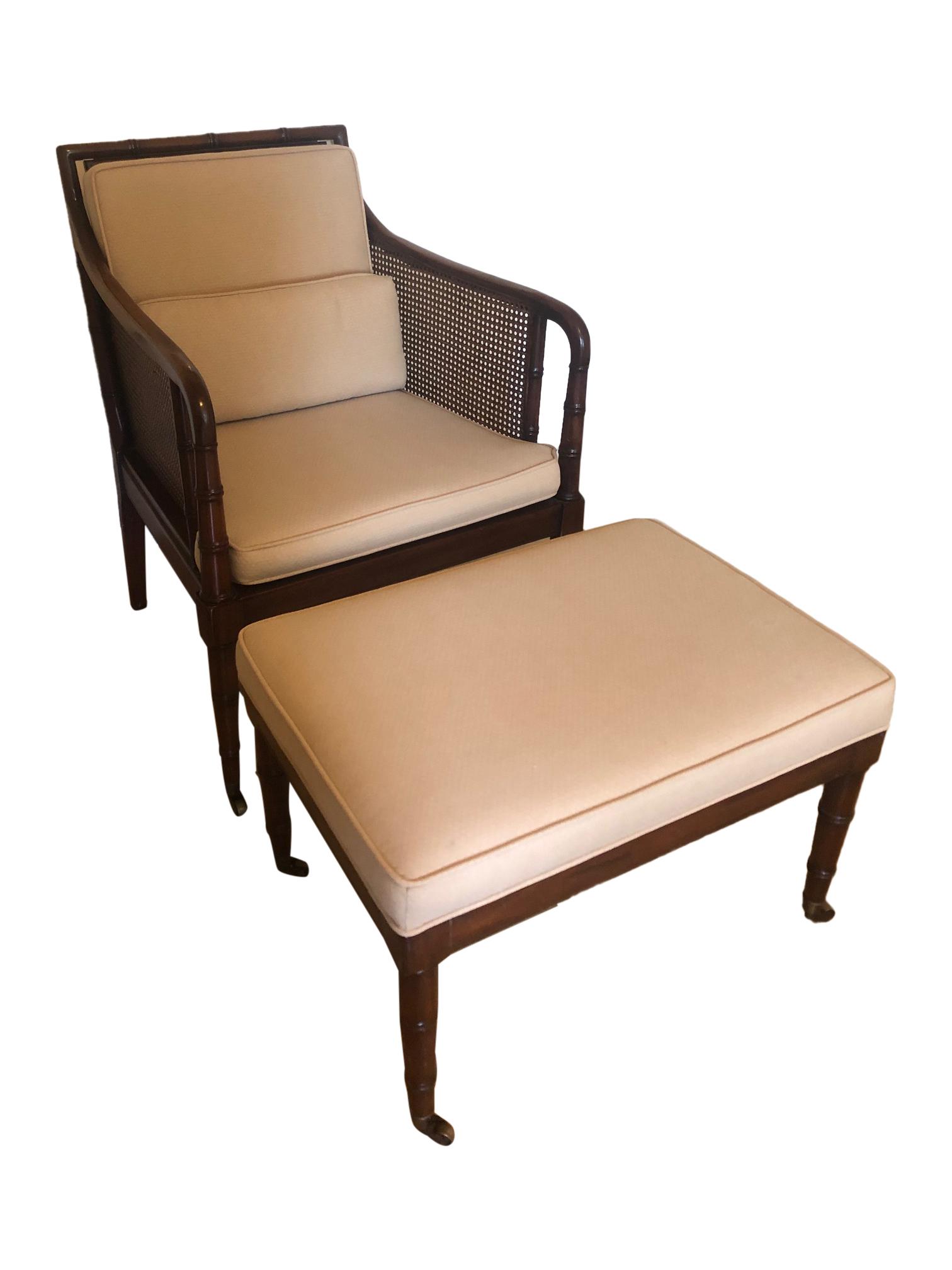 Cane Mahogany Arm Chair and Ottoman: Cane mahogany arm chair and ottoman. Dimensions - 34" x 25" x 26"