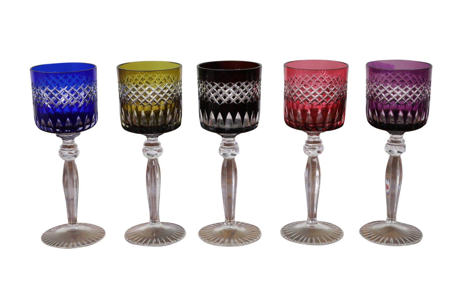 Color to Clear Cut Crystal Wine Goblets - 5: Set of 5 color to clear cut crystal wine goblets. Dimensions - 8" x 3"