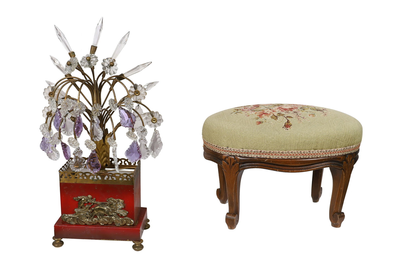 Tole and Crystal 2 Part Lamp and French Footstool: Tole and crystal 2 part lamp and French needlepoint footstool. Dimensions - 19" x 10" x 9"