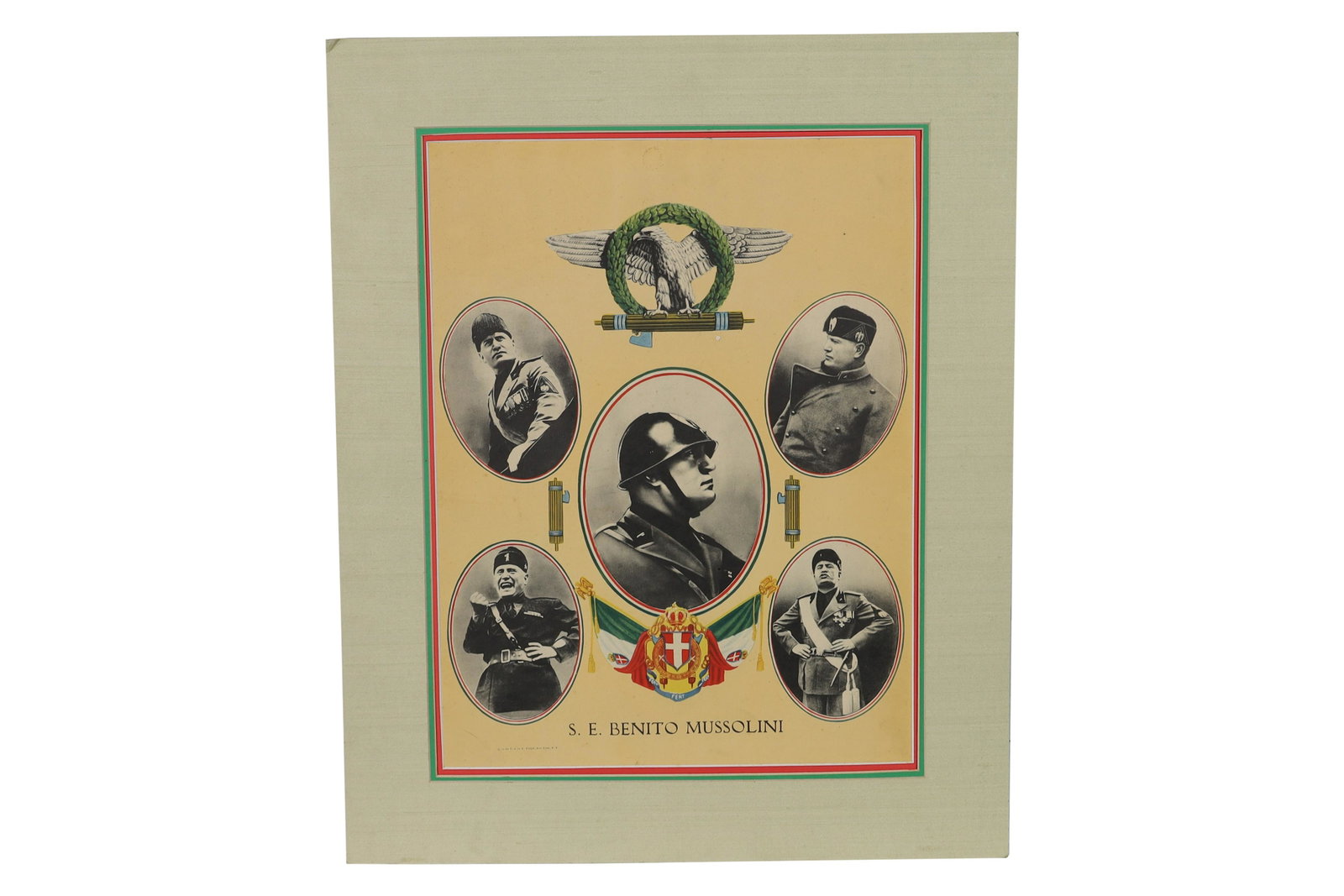 1936 Professionally Matted Mussolini Propaganda Poster: A Professionally Matted 1936 Mussolini Propaganda Poster E. Rossi New York. Dimensions - 25" x 20"