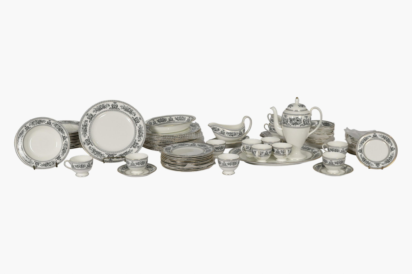 Wedgewood Black Columbia Dinner Set: Wedgewood black Columbia 82 piece dinner set, service for 12 only 6 saucers and 11 bread plates. Dimensions - platter- 15.5" x 12"
