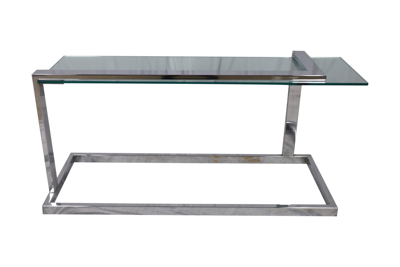 Chrome and Glass Console Table: Chrome and glass console table. Dimensions in Inches 26x56x17