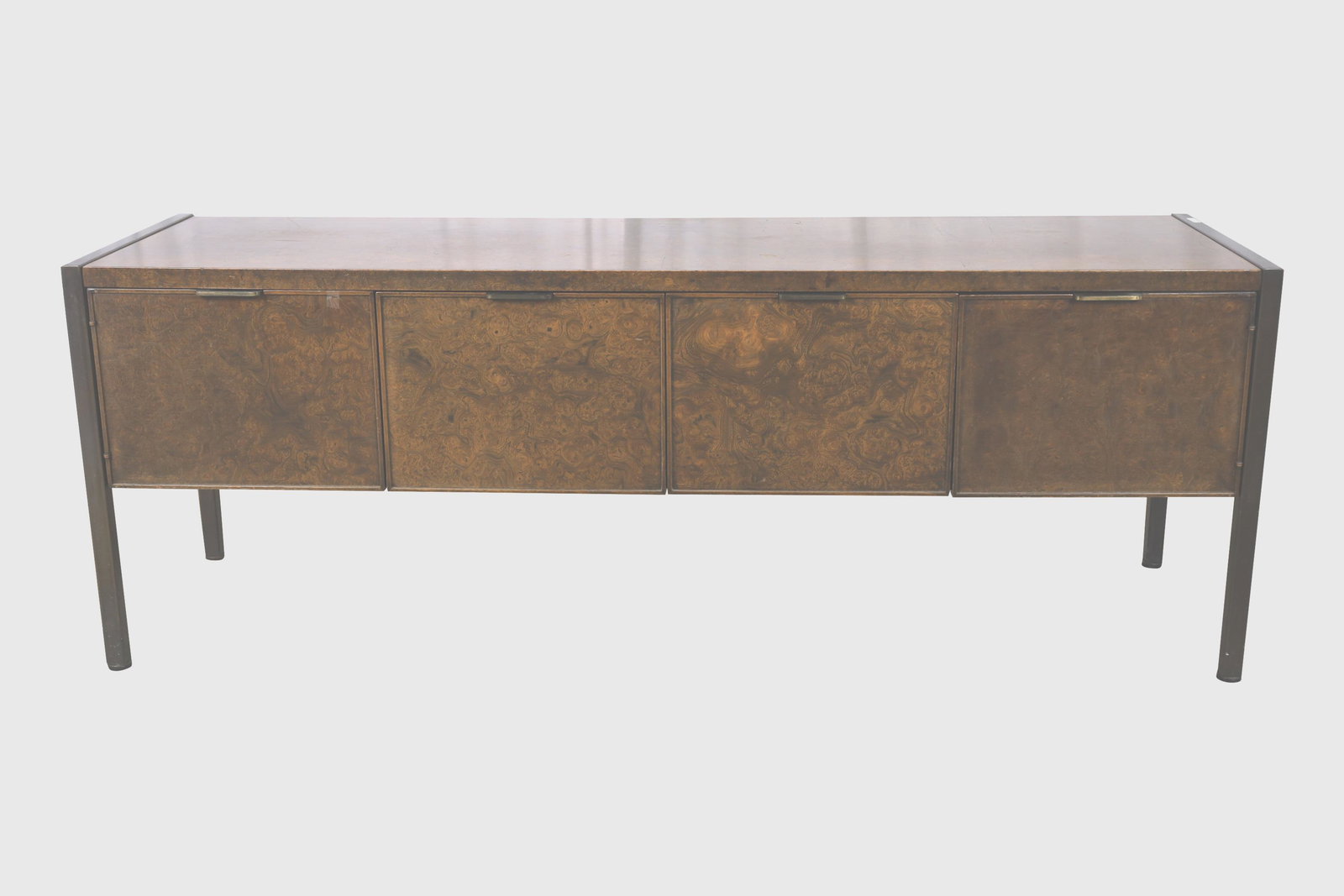 Mid Century Burl Credenza: Mid century burl and bronzed metal credenza. Dimensions in Inches 26x72x20