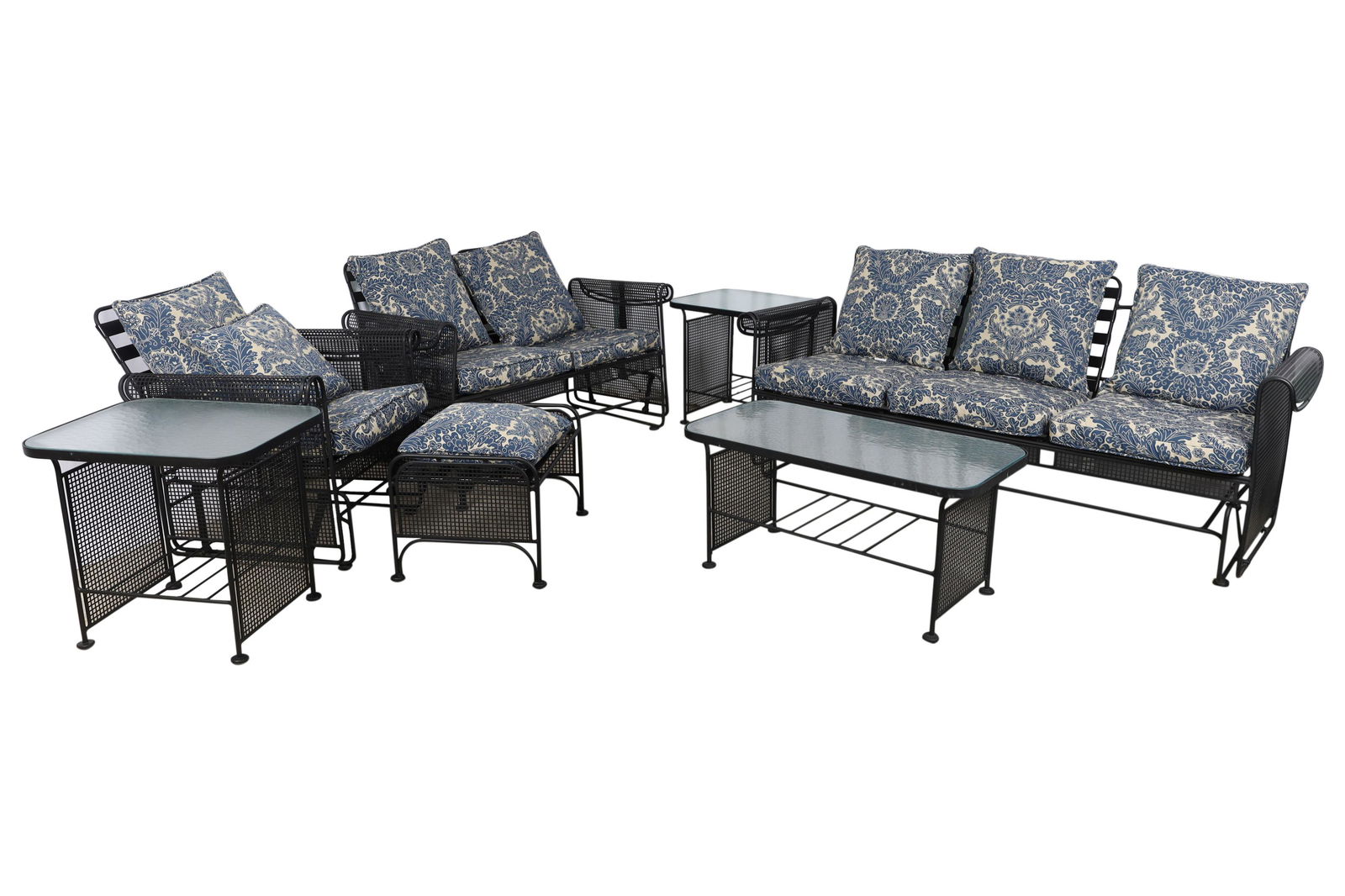 Russell Woodard - 7 Piece Patio Set: Russell Woodard - 7 Piece Patio Set with gliders includes sofa, loveseat, chair and ottoman and 3 tables. Dimensions 31x75x30