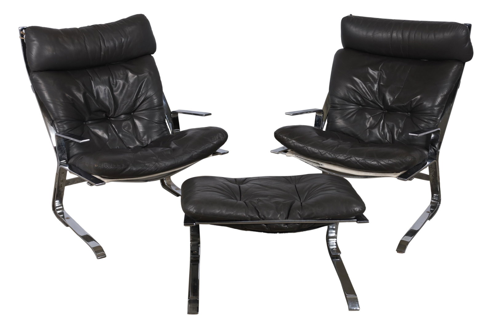 Elsa & Nordahl Solheim - Pirate Chairs and Ottoman: Elsa and Nordahl Solheim for Rykken "Pirate" chrome Lounge Chairs and ottoman. Dimensions 34x27x27