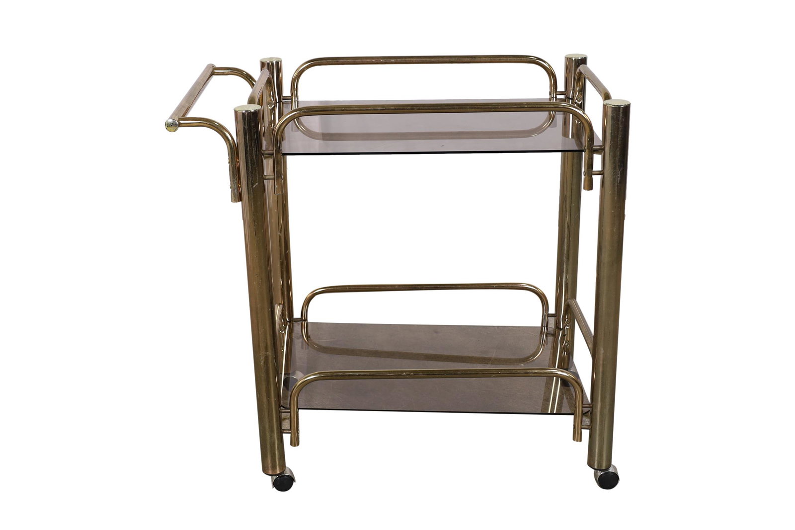 Brass and Smoked Glass Bar Cart: Brass and Smoked Glass Bar Cart. Dimensions 32x22x34