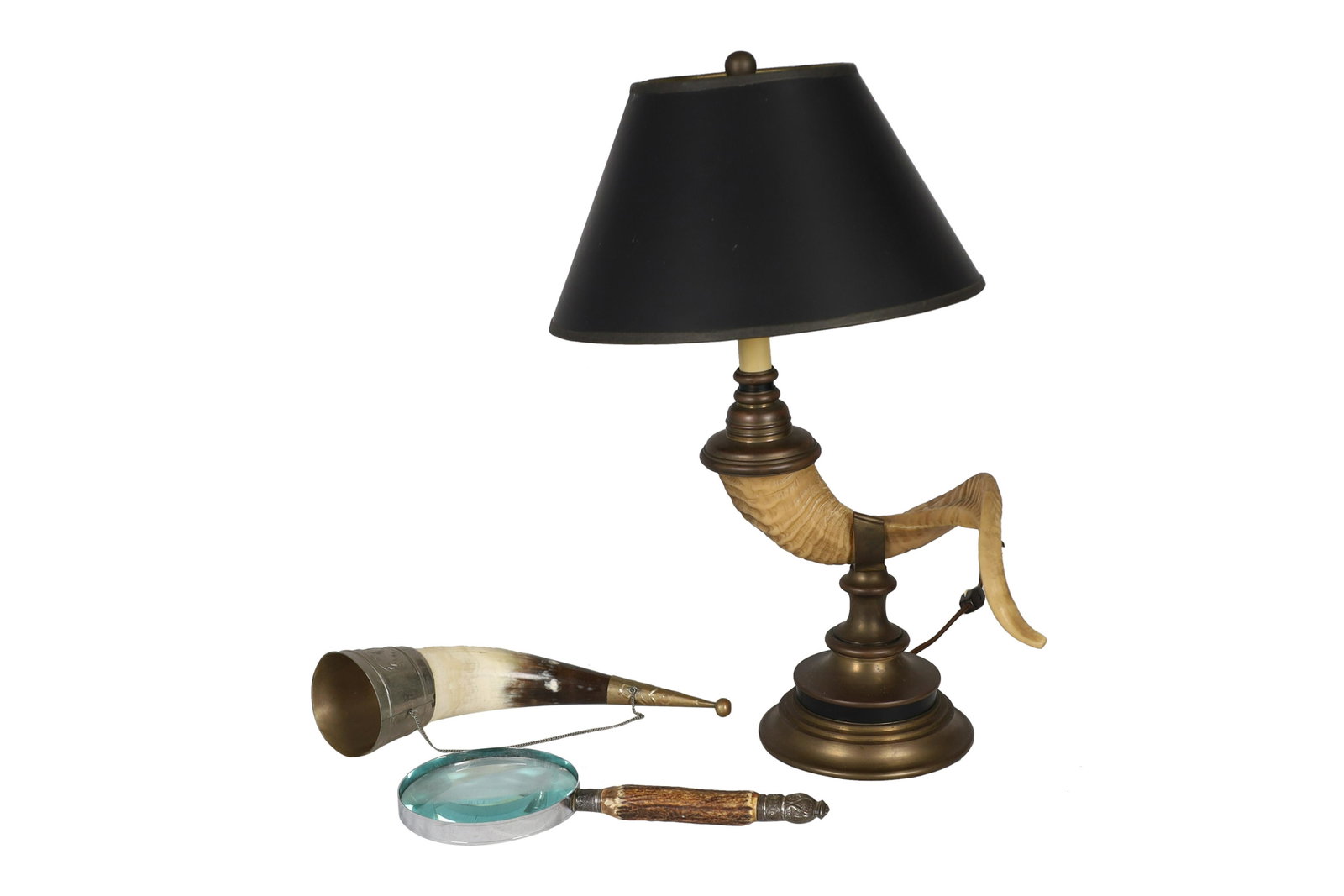 Horn Lamp, Powder Horn and Horn Magnifier: Horn Lamp, Powder Horn and Horn Magnifier. Dimensions 21x12