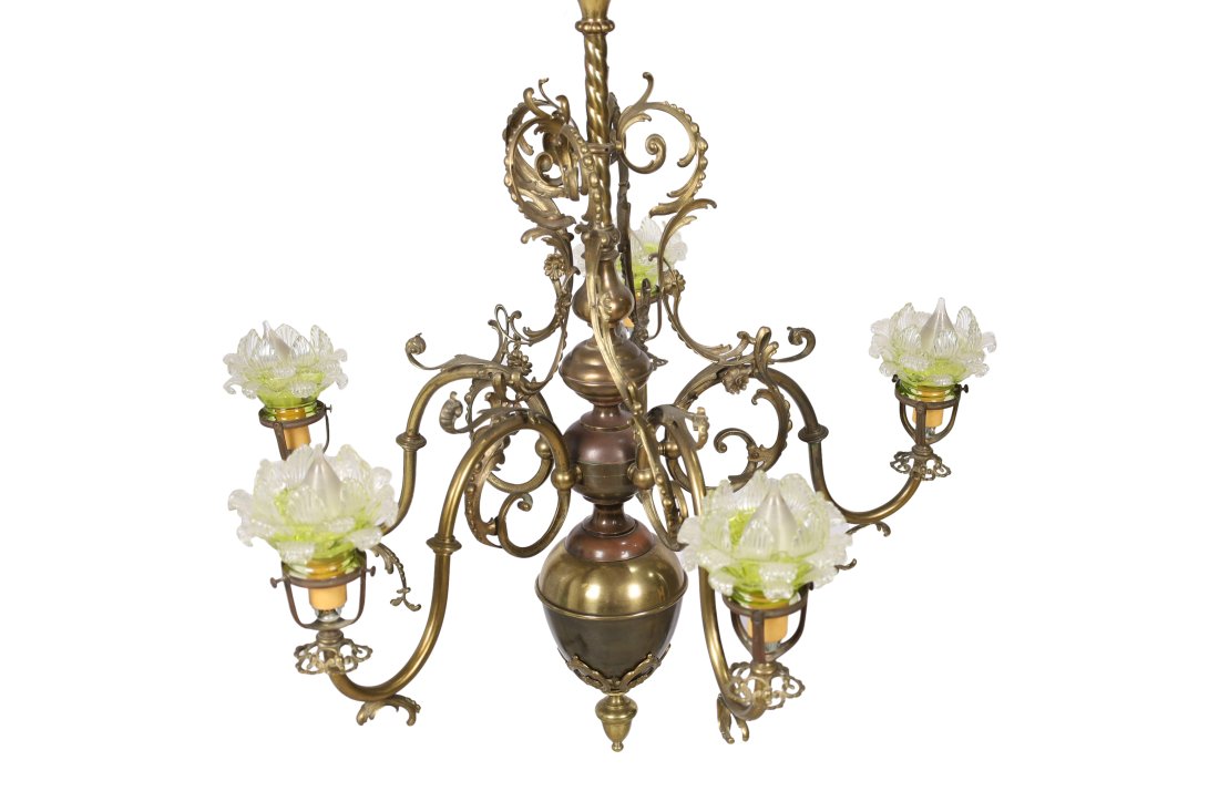 French Bronze Chandelier: French Bronze Chandelier with flower shades. Dimensions 34x30