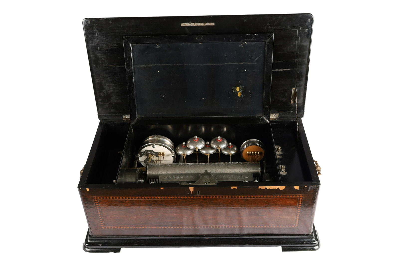 Swiss Music Box: Inlaid swiss music box with bells and drums Dimensions:9.5x26x14