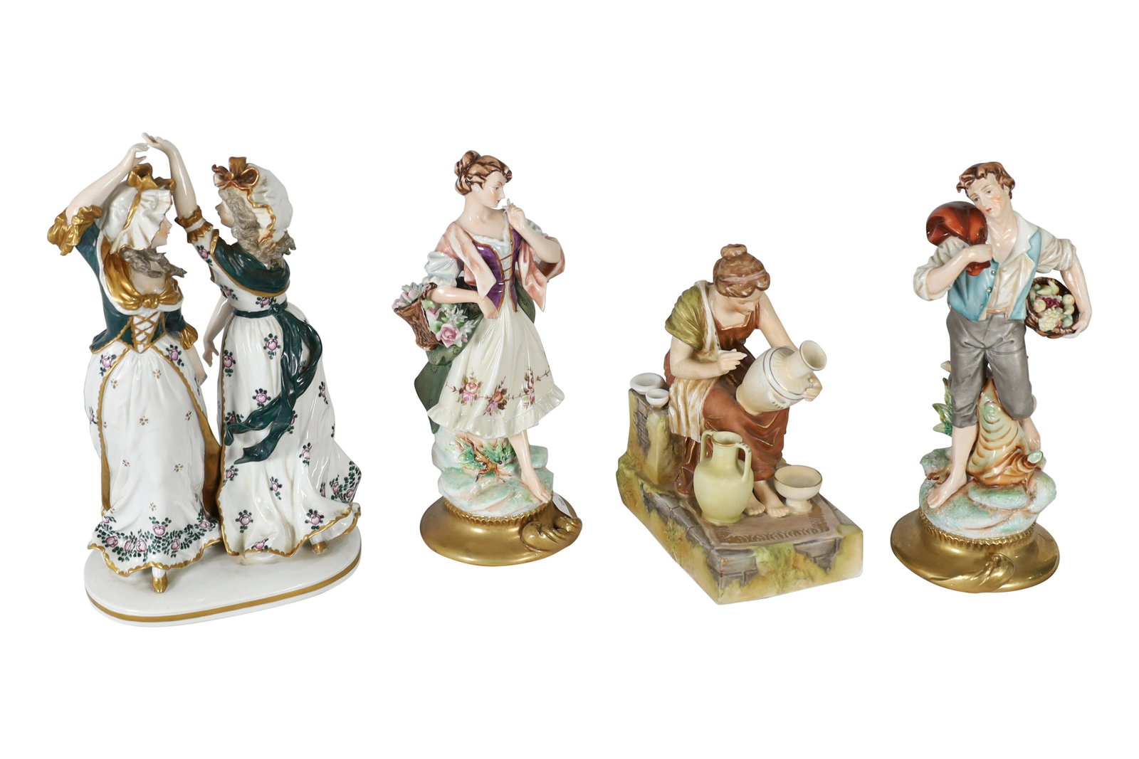Group of 4 Figures Including 1 Capodimonte: A lot of 4 figures including one marked Capodimonte. Dimensions 2 women-12x7x5