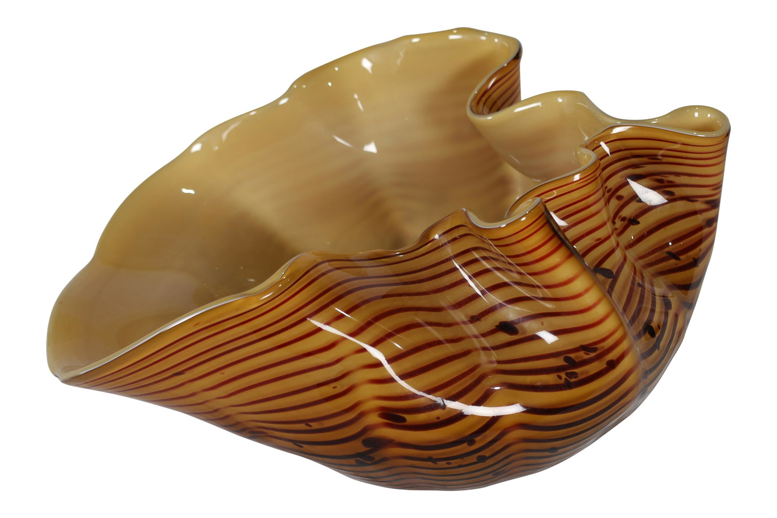 Murano Glass Bowl: A Murano glass bowl with a folded organic shape. Dimensions 7x14x10