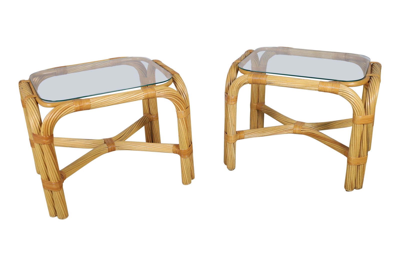 Split Reed Rattan Glass Top Tables - Pair (1 of 9)