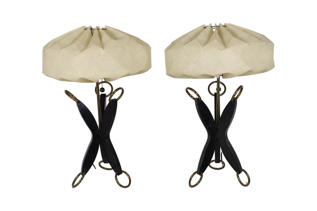 Brass and Ebony Lamps - Pair: A pair of black and ebony "X" base lamps with parchment shades. Dimensions: 29x16