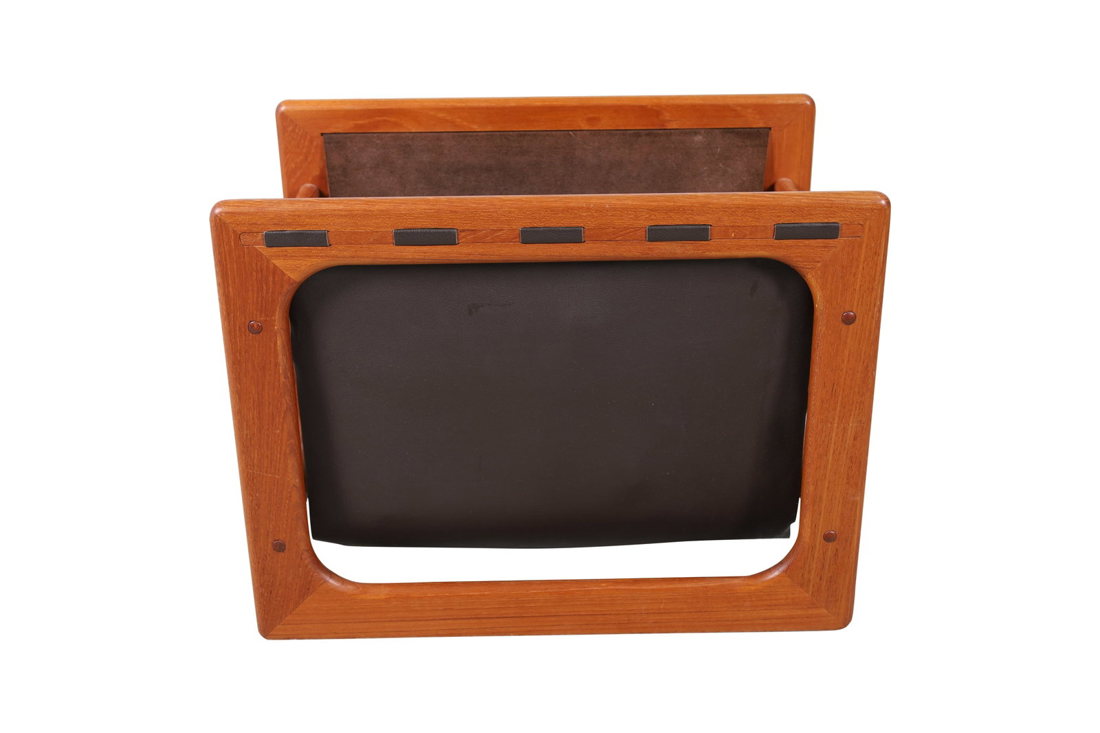 Salin Mobler - Teak and Leather Magazine Rack: Salin Mobler Danish Teak and Leather Magazine Rack. Dimensions 16x20x13