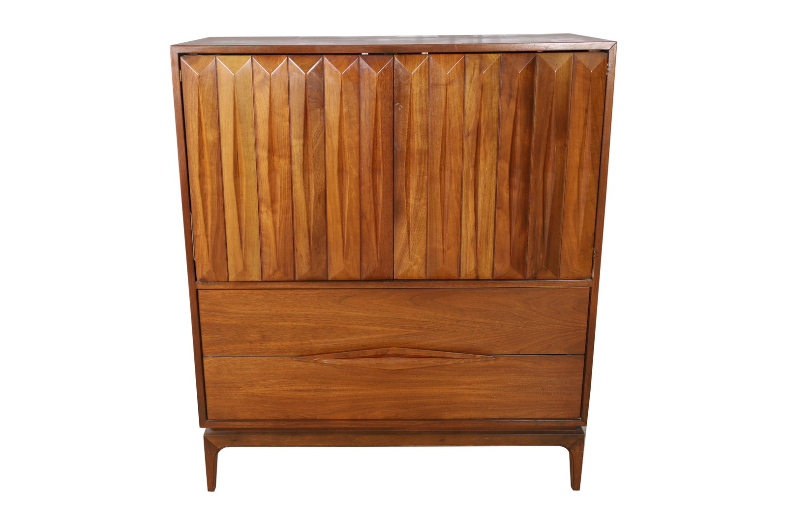 Mid Century Sculpted Front Highboy Dresser: Mid Century Sculpted Front Highboy Dresser. Dimensions 48x41.5x19
