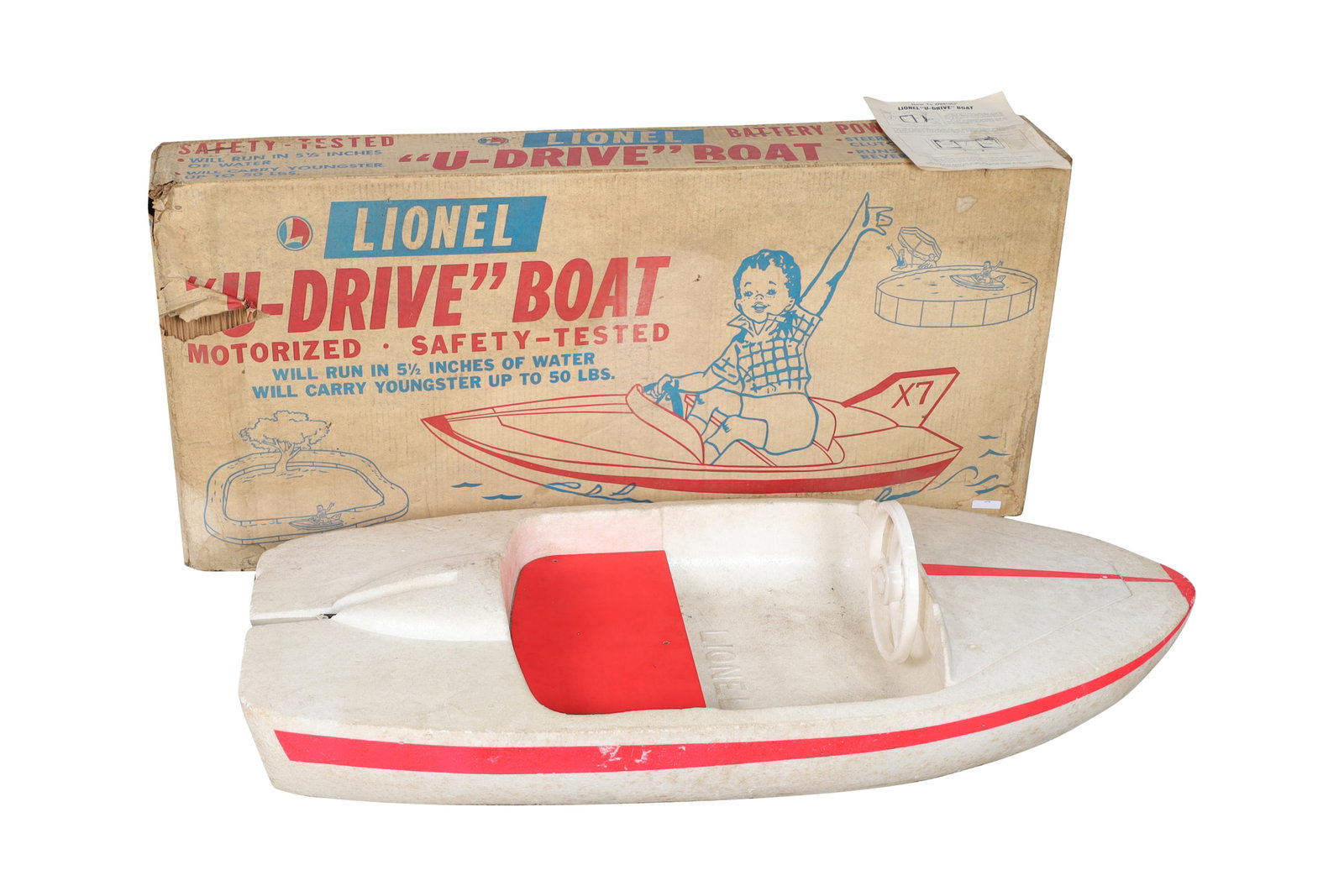 Lionel "U-Drive" Boat: Lionel "U-Drive" Boat with original box. Dimensions boat-7x21.5x46