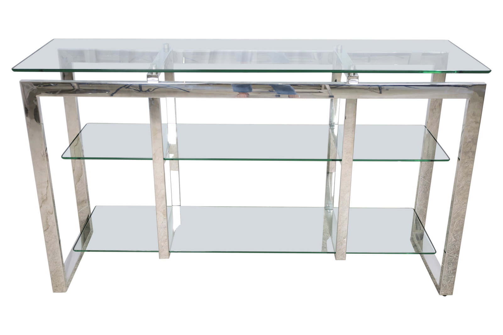 Chrome and Glass - Console Table: Chrome and tiered glass console table. Dimensions 34x59x19