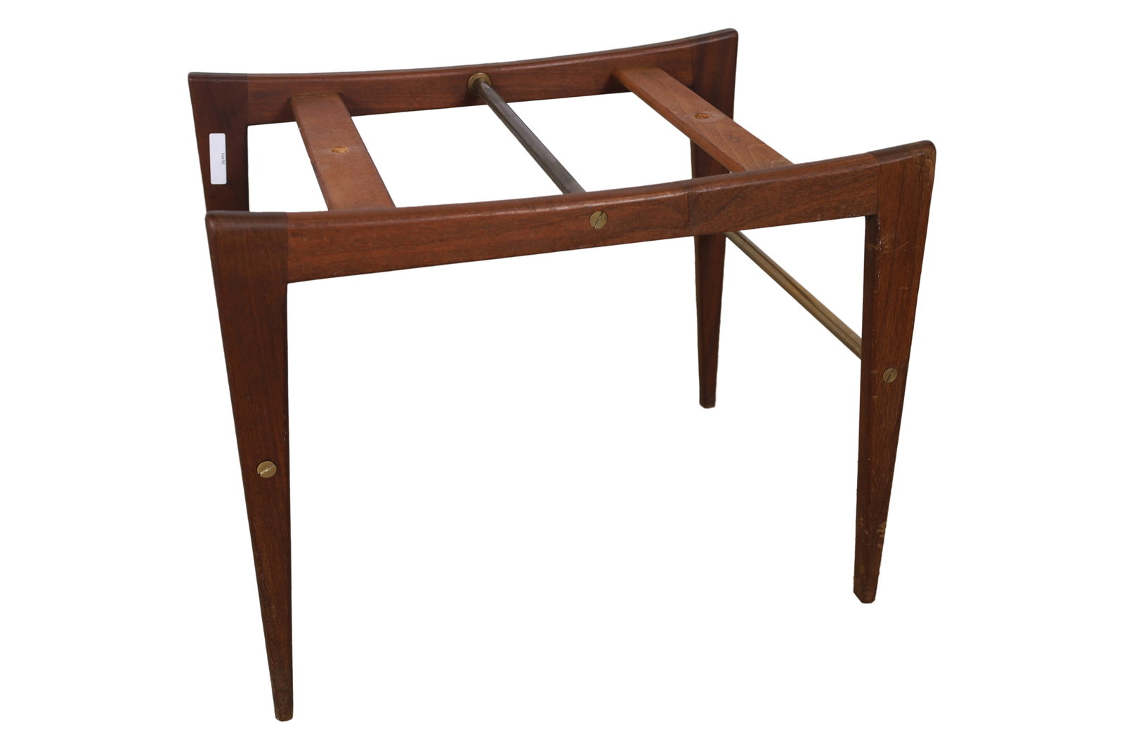 Teak Bench: Teak Bench with brass stretcher. Dimensions 16x19x14