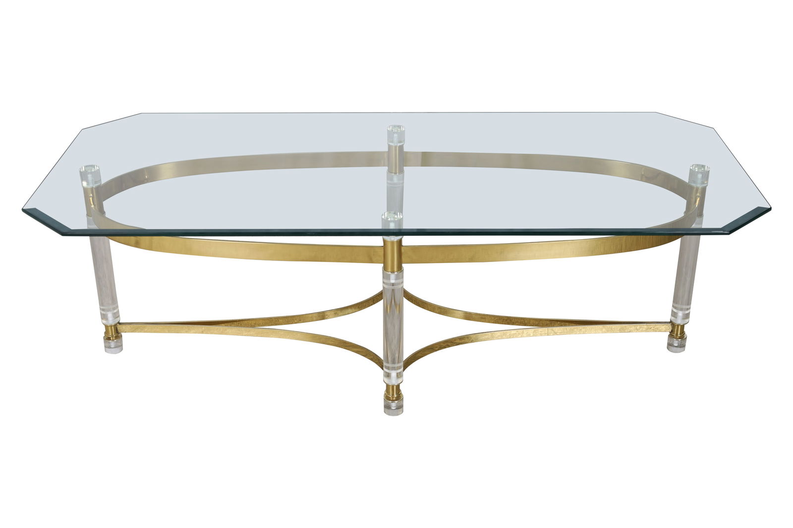 Lucite Brass and Glass Coffee Table: Lucite Brass and Glass Coffee Table. Dimensions 17x54x24