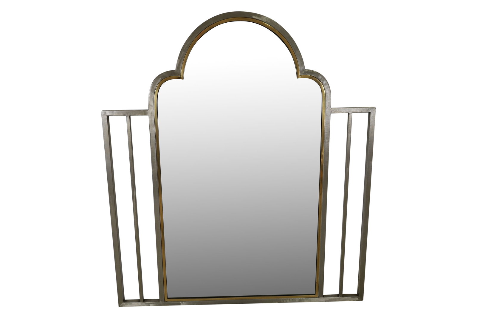 Large Brass and Brushed Steel Mirror: Description - Brass and brushed steel large wall mirror. Dimensions - 54" x 48"