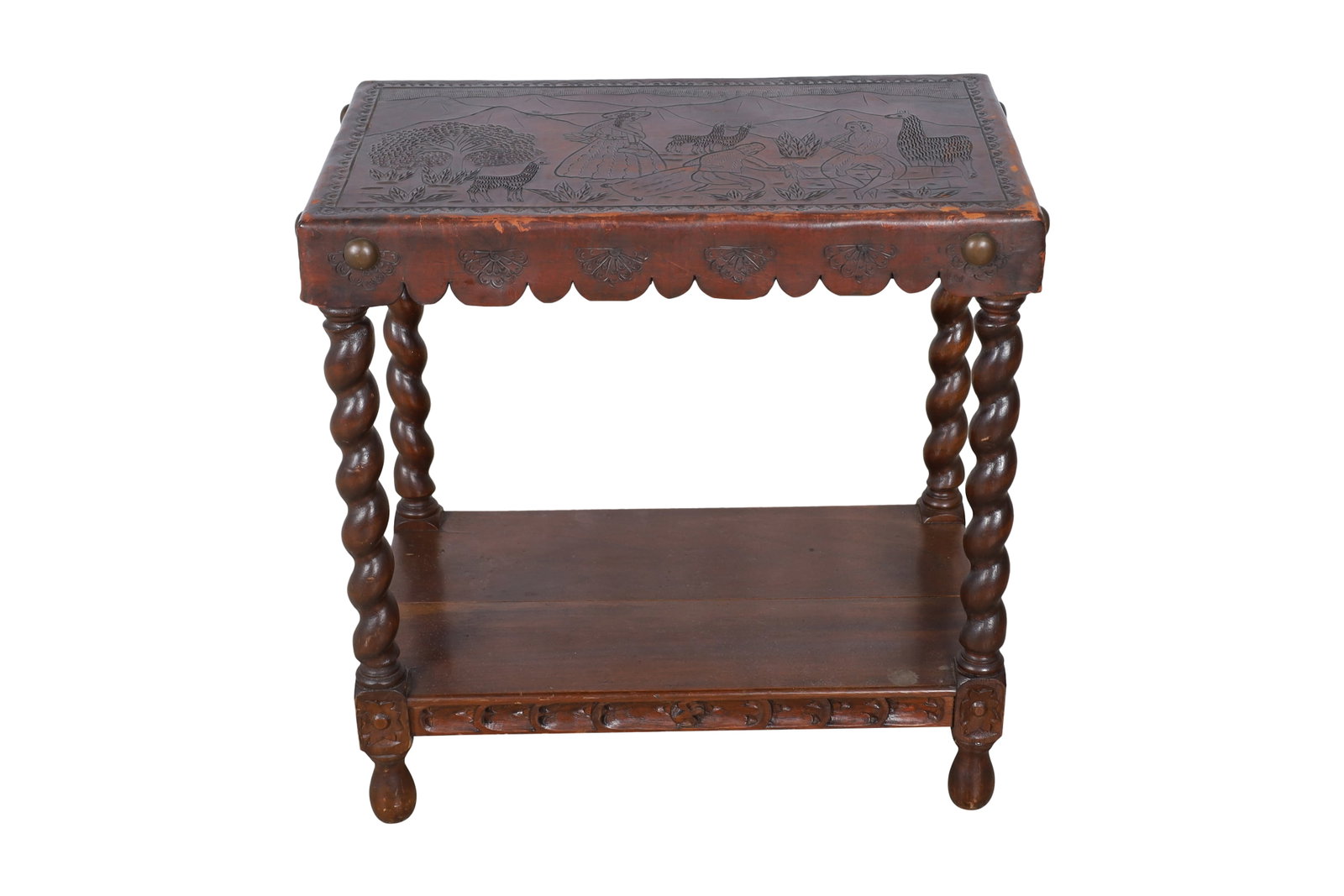 Peruvian Hand Tooled Leather Table: Peruvian Hand Tooled Leather Table. Dimensions 24x24x14
