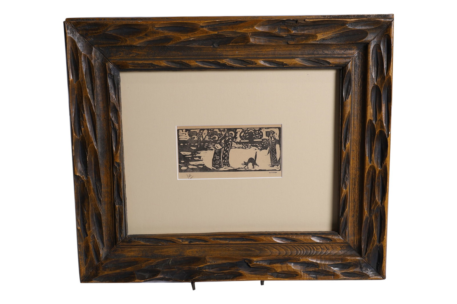 Reproduction Wassily Kandinsky -Woodcut: Small reproduction of Wassily Kandinsky woodcut in unusual carved frame Dimensions:19.5x19.5