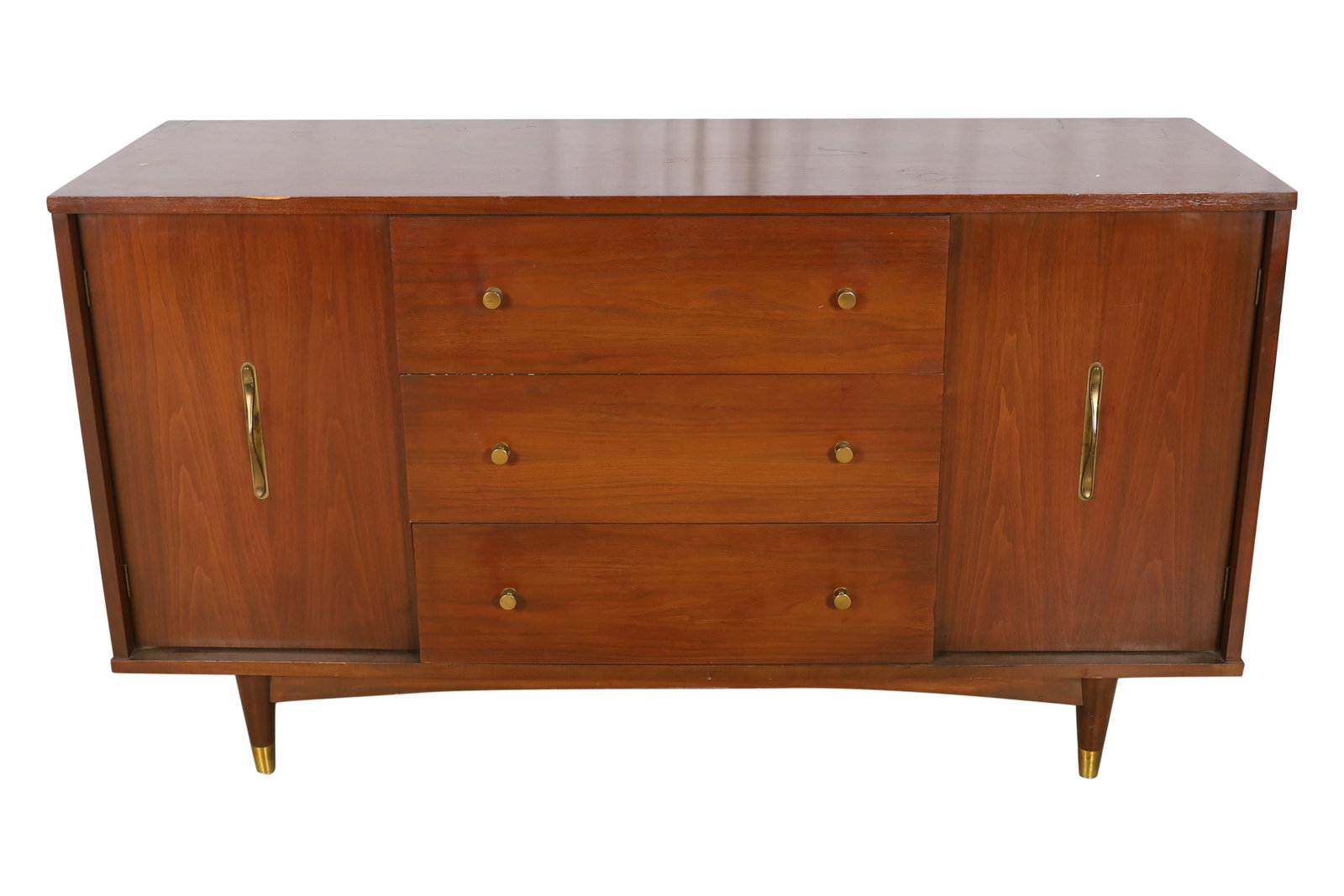 Mid Century Walnut Credenza: Mid Century Walnut Credenza. Dimensions 32x58x19