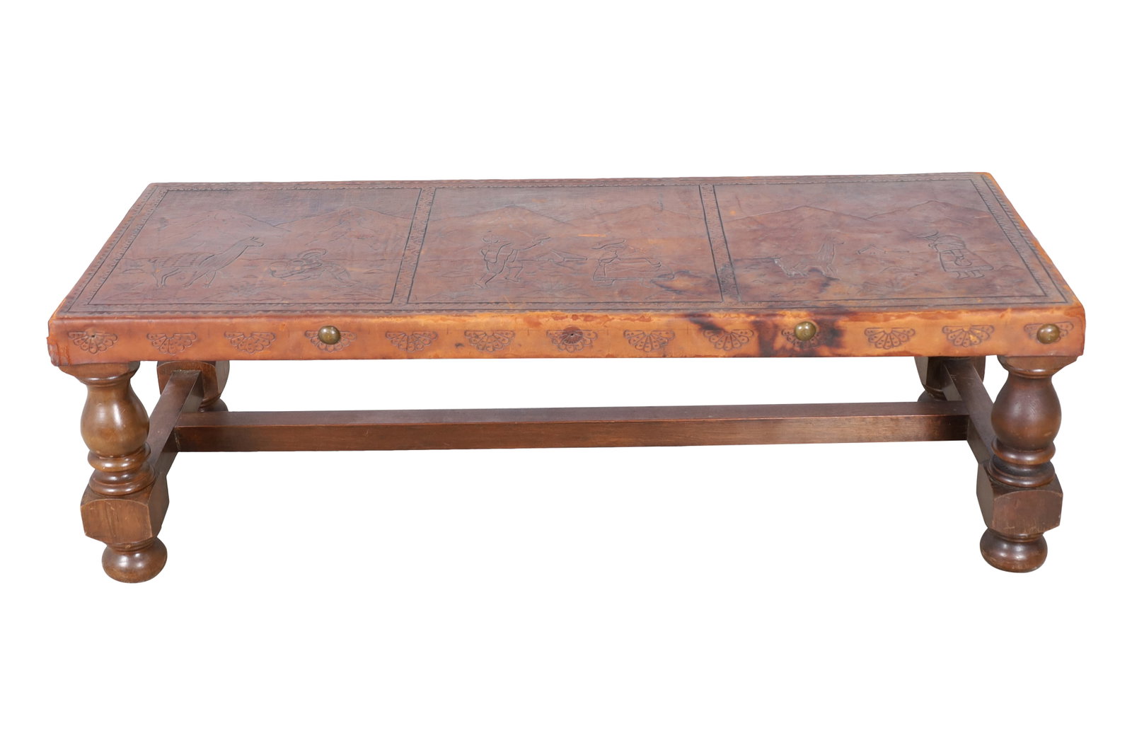 Peruvian Hand Tooled Leather Bench: Peruvian Hand Tooled Leather Bench. Dimensions 16x51x20