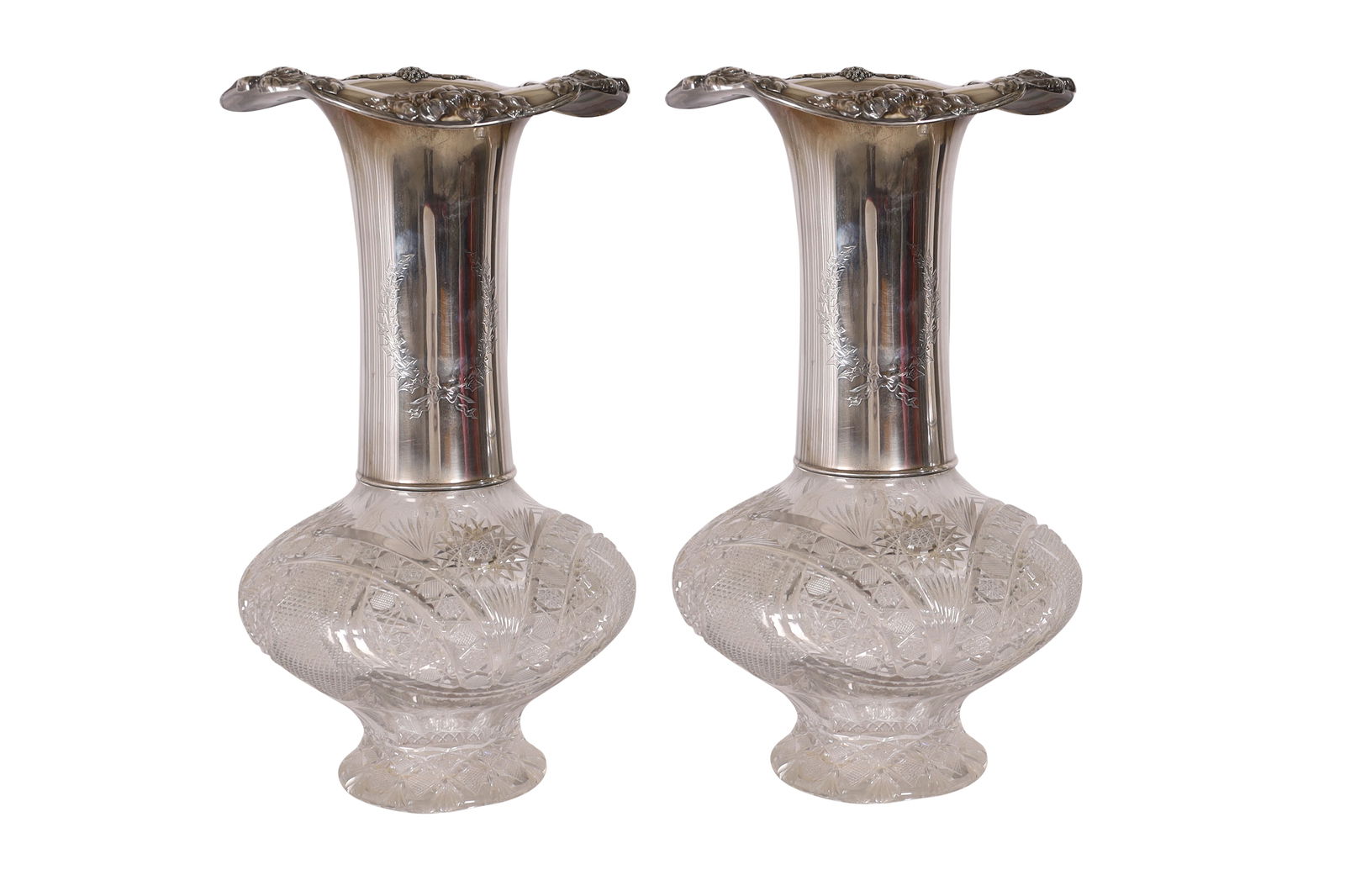 20 Inch Cut Glass Sterling Mounted Vases - Pair (1 of 5)