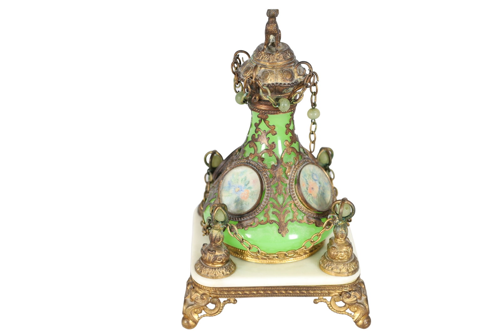 French Opaline and Bronze Perfume Bottle: French Opaline and Bronze Perfume Bottle. Dimensions 7.5x4.5