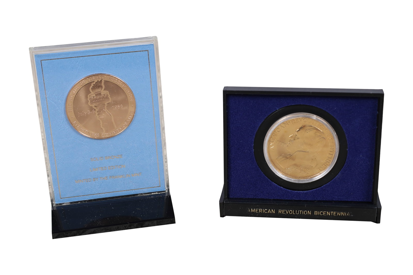 2 Bronze Coins: American Revolution Bicentennial Medal & 1986 Statue of Liberty Solid Bronze Coin. Dimensions