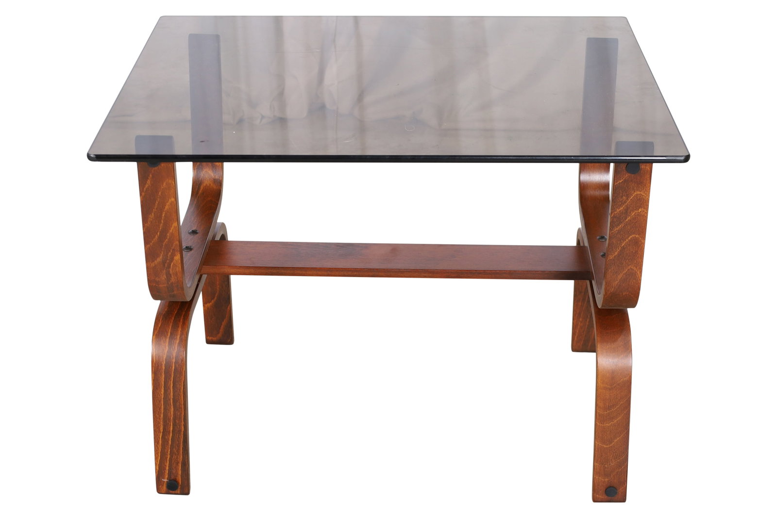 1980's Smoked Glass Bentwood Table: A 1980's Smoked Glass Bentwood Table. Dimensions 20.5x27.5x21.5