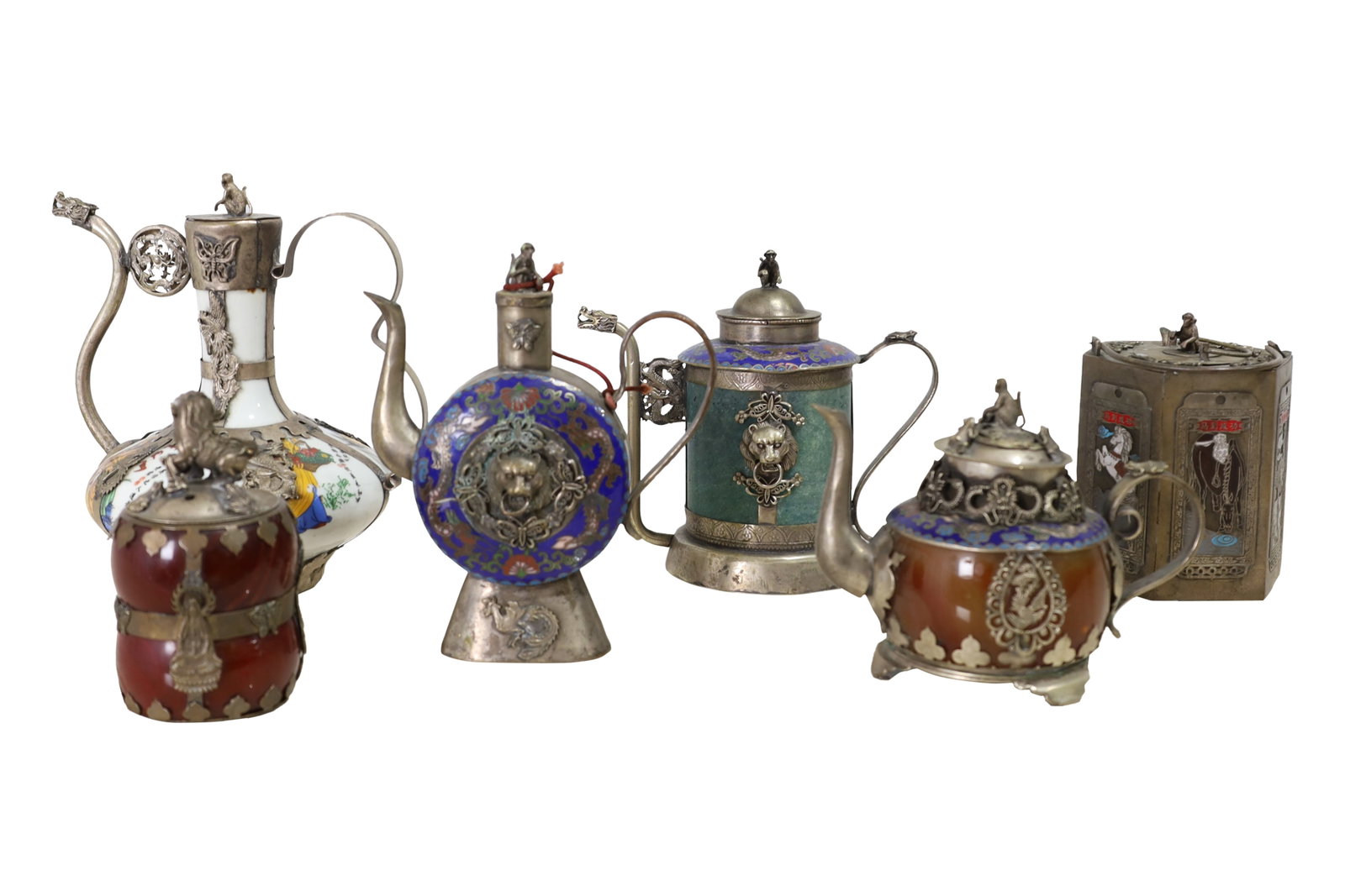 Chinese Enamel Teapots - 6: A lot of 6 antique Tibetan silver and enamel Chinese intricately carved teapots with animal finals and character marking under base. Dimensions of Largest: 6.5x5