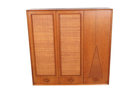 Triangle Motif Mid Century Walnut Cabinet Specialty Woodcraft: Triangle Motif Mid Century Walnut Cabinet with cane doors. Dimensions 45x46.5x14